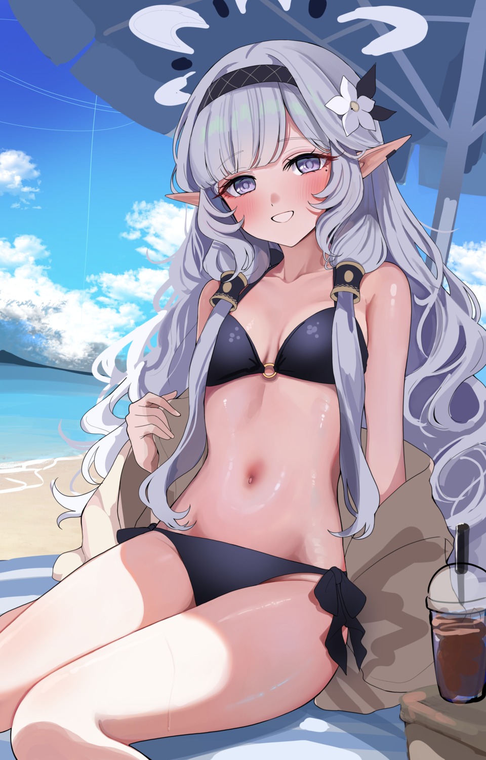 akeboshi_himari bikini blue_archive halo open_shirt pointy_ears sak sketch swimsuits undressing wet