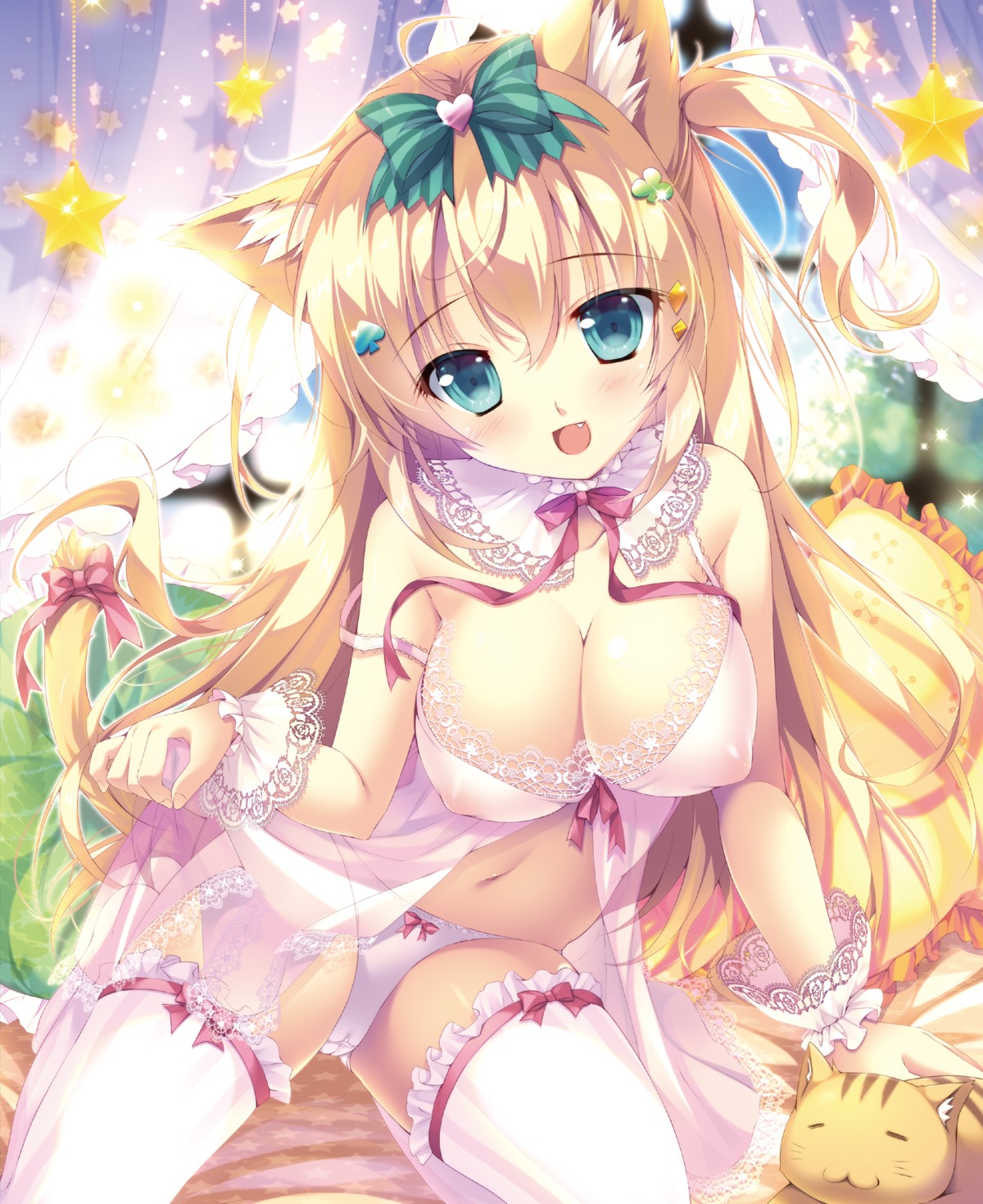 aliasing animal_ears cameltoe cleavage digital_version erect_nipples lingerie mikeou neko nekomimi no_bra pantsu see_through skirt_lift tail thighhighs