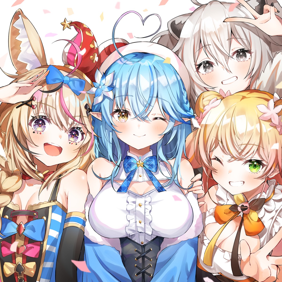 animal_ears cleavage elf furuki_ayaginutaira hololive momosuzu_nene no_bra omaru_polka pointy_ears shishiro_botan yukihana_lamy