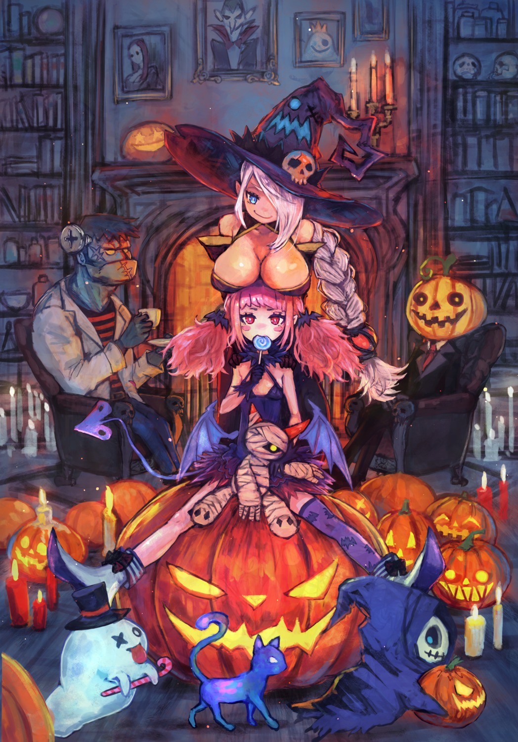 cleavage halloween neko no_bra pointy_ears sabamisob tail thighhighs wings witch