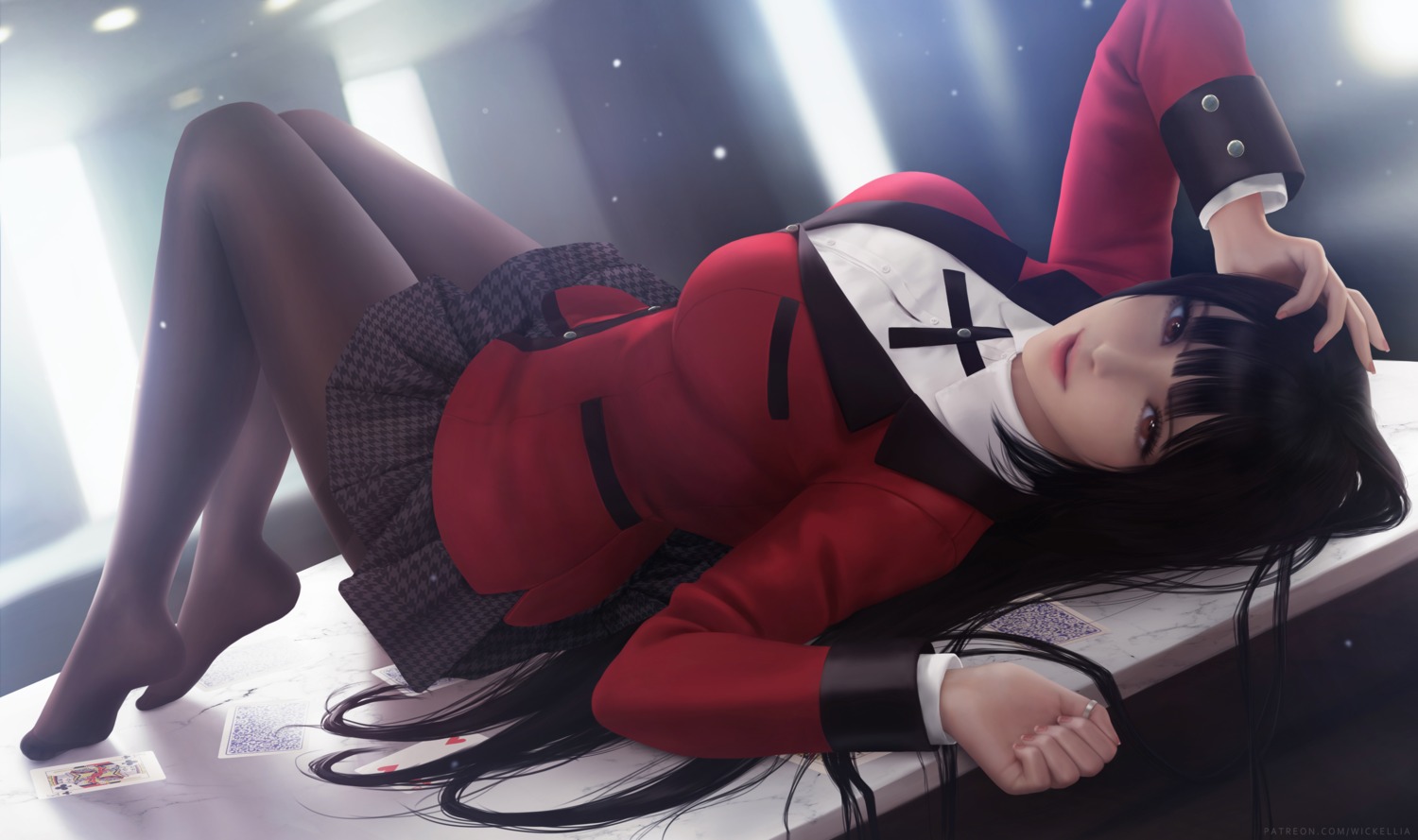 jabami_yumeko kakegurui pantyhose seifuku skirt_lift wickellia