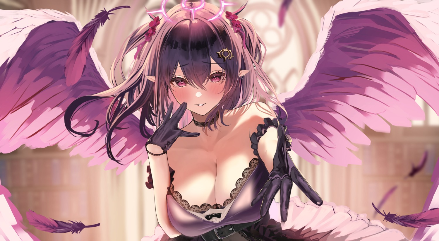 angel horns no_bra oreazu pointy_ears wings