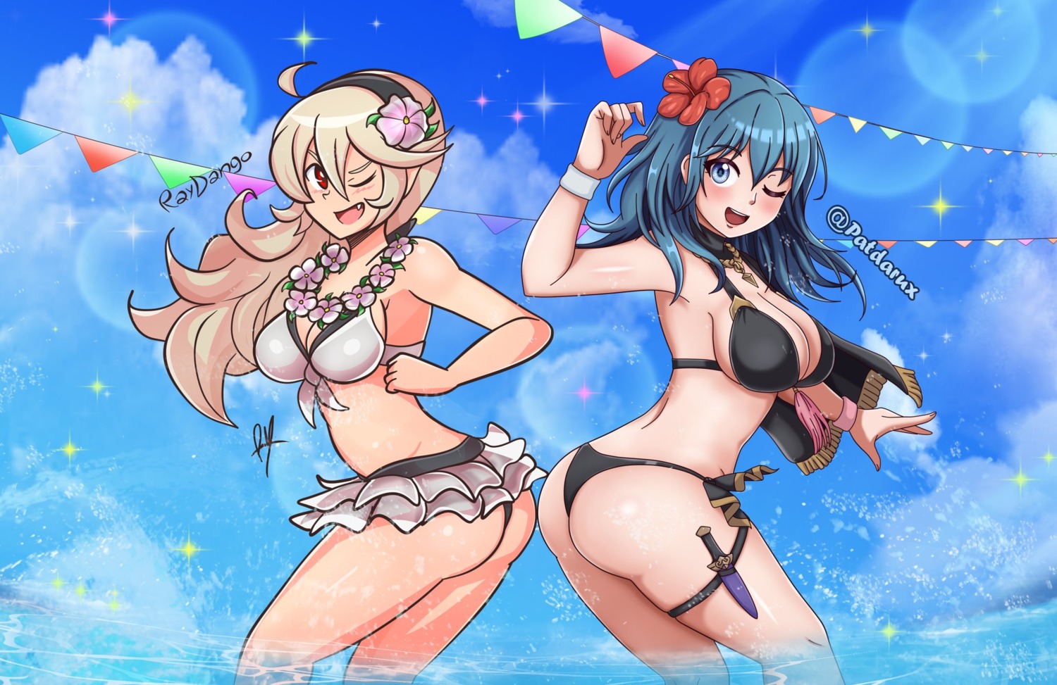 ass bikini byleth_(fire_emblem) cleavage corrin_(fire_emblem)_(female) fire_emblem fire_emblem_if fire_emblem_three_houses garter kamui_(fire_emblem) patdarux swimsuits thong weapon wet