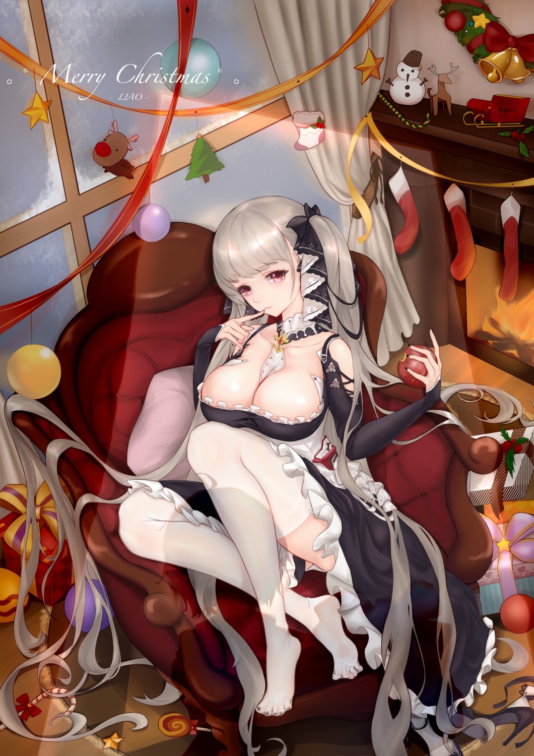 azur_lane christmas formidable_(azur_lane) gothic_lolita liu_liaoliao lolita_fashion no_bra skirt_lift thighhighs