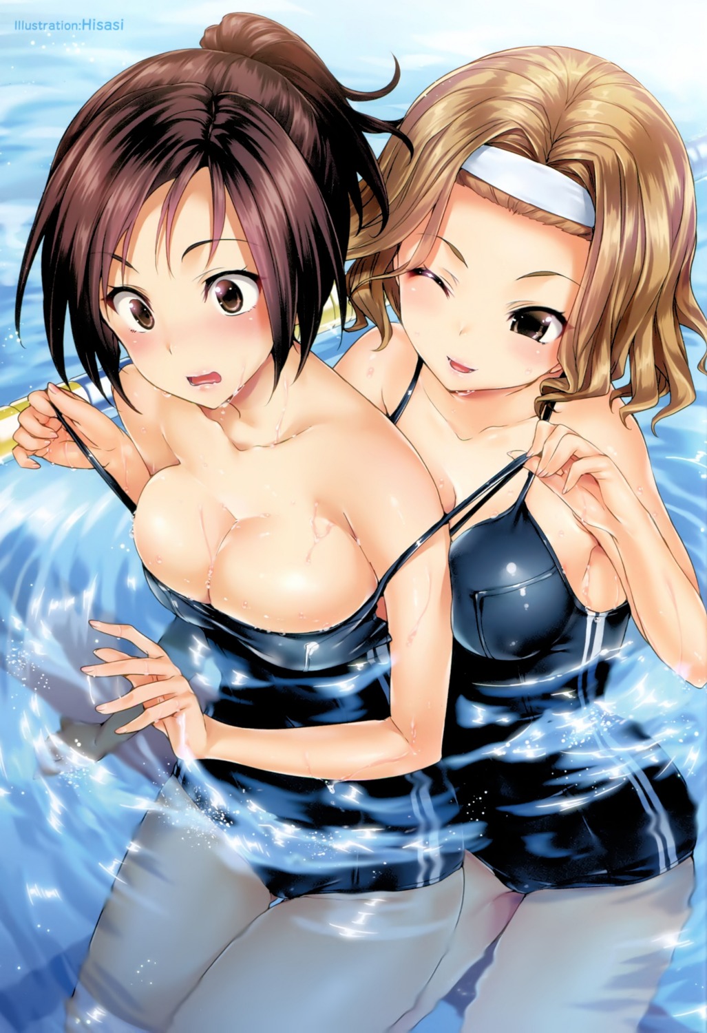 cleavage hisasi kurebayashi_katsumi narita_ruu photokano school_swimsuit swimsuits undressing wet yuri