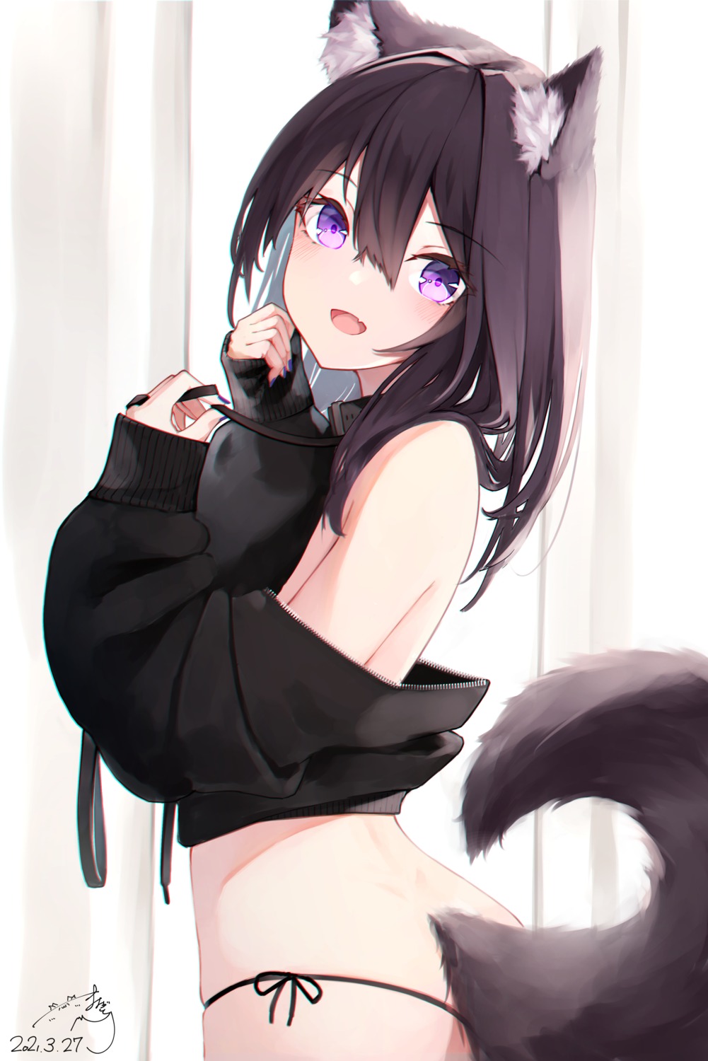 animal_ears mayogii no_bra open_shirt pantsu string_panties sweater tail