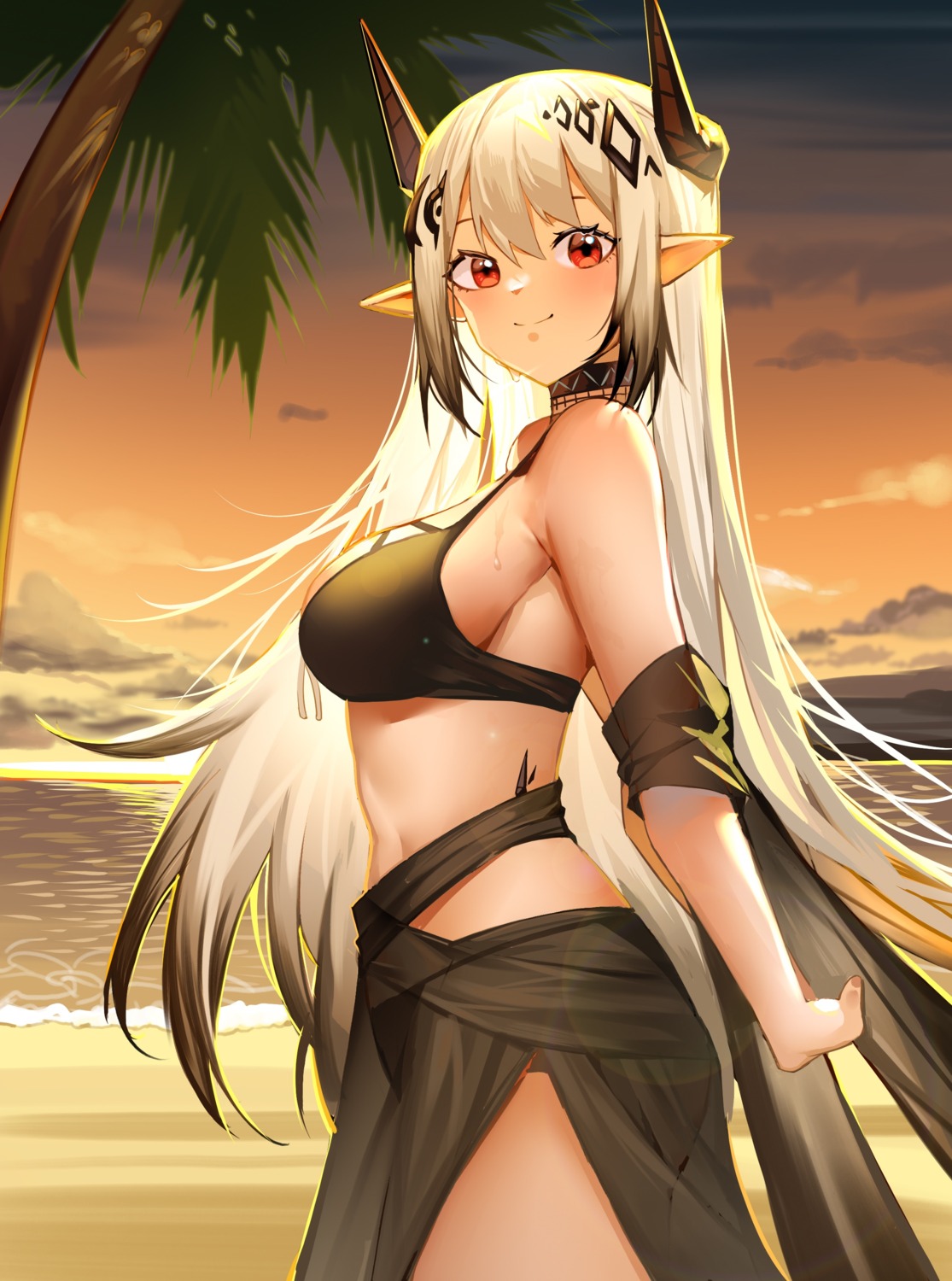 arknights bikini horns mili_(pixiv24297867) mudrock_(arknights) pointy_ears see_through swimsuits