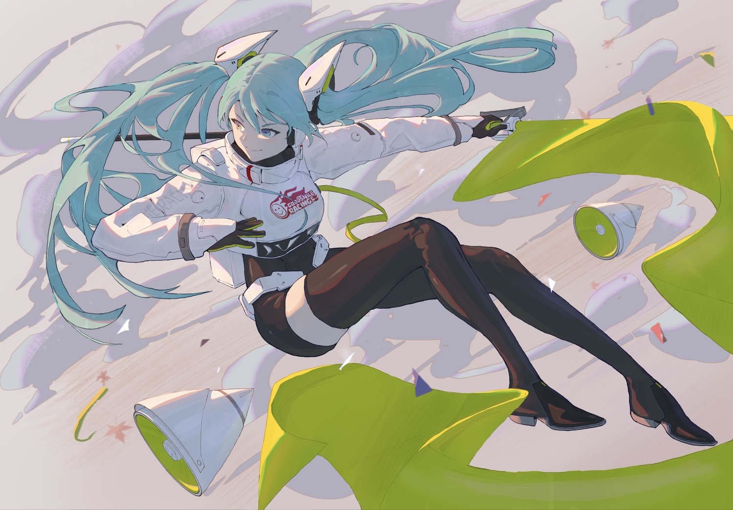 bodysuit goodsmile_racing hatsune_miku headphones heterochromia racing_miku tagme thighhighs vocaloid