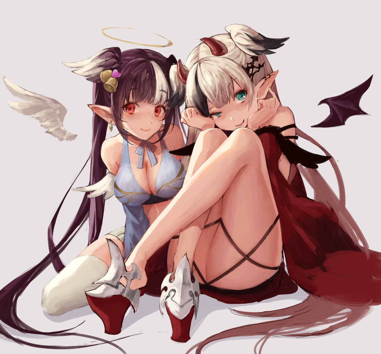 angel cleavage devil horns ookuma_mai pointy_ears wings
