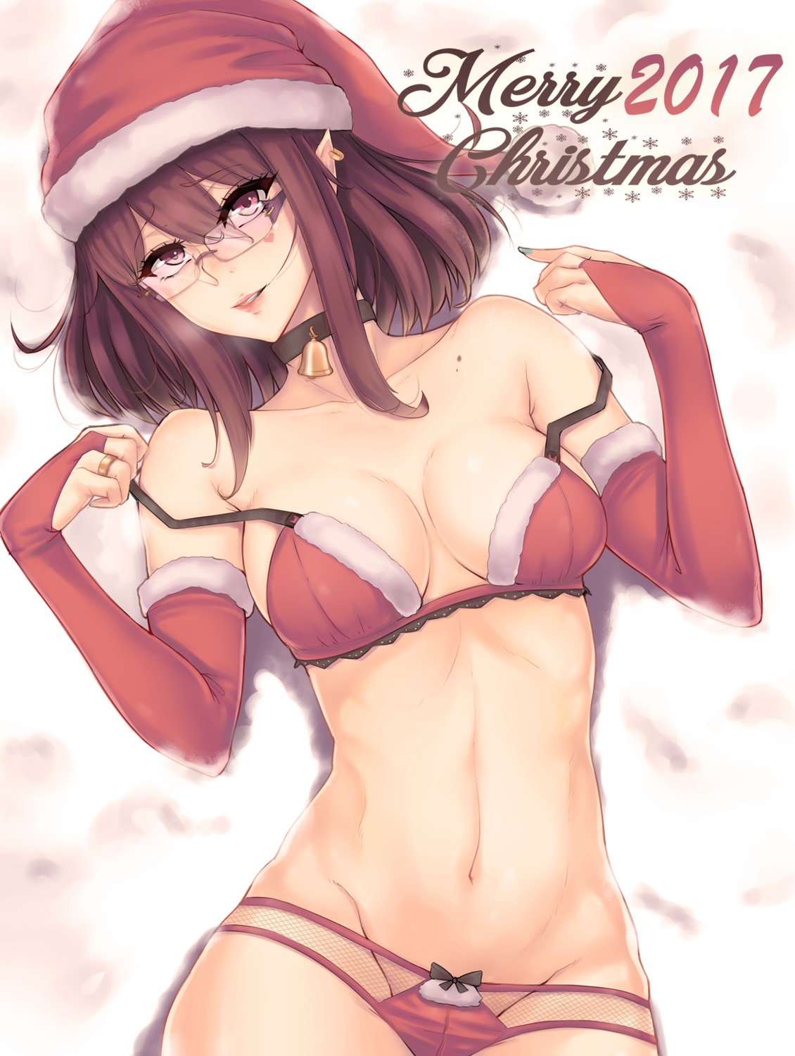 bra christmas cleavage fishnets megane pantsu pointy_ears purple_mii