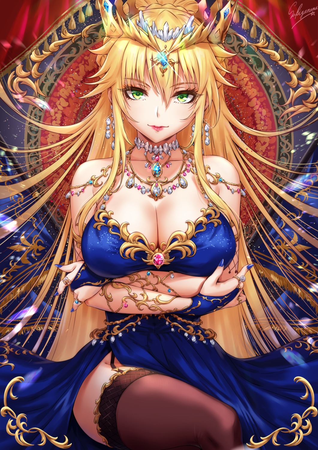 artoria_pendragon_(lancer) breast_hold dress fate/grand_order no_bra nopan sakiyamama skirt_lift stockings thighhighs