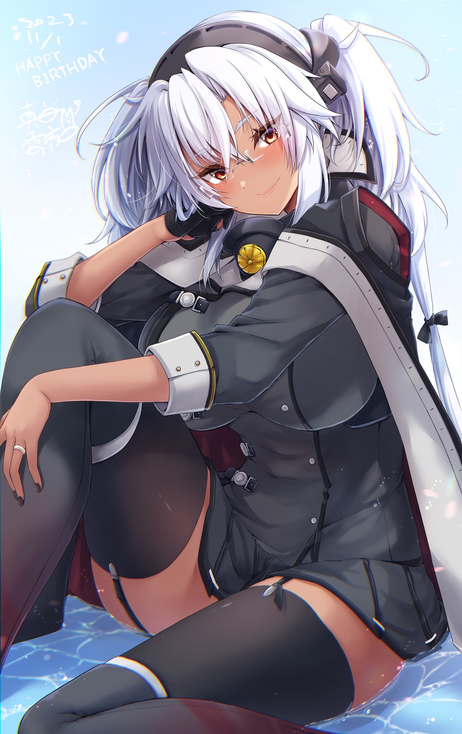 garter kantai_collection mashiro_yukiya megane musashi_(kancolle) stockings thighhighs uniform wet wet_clothes