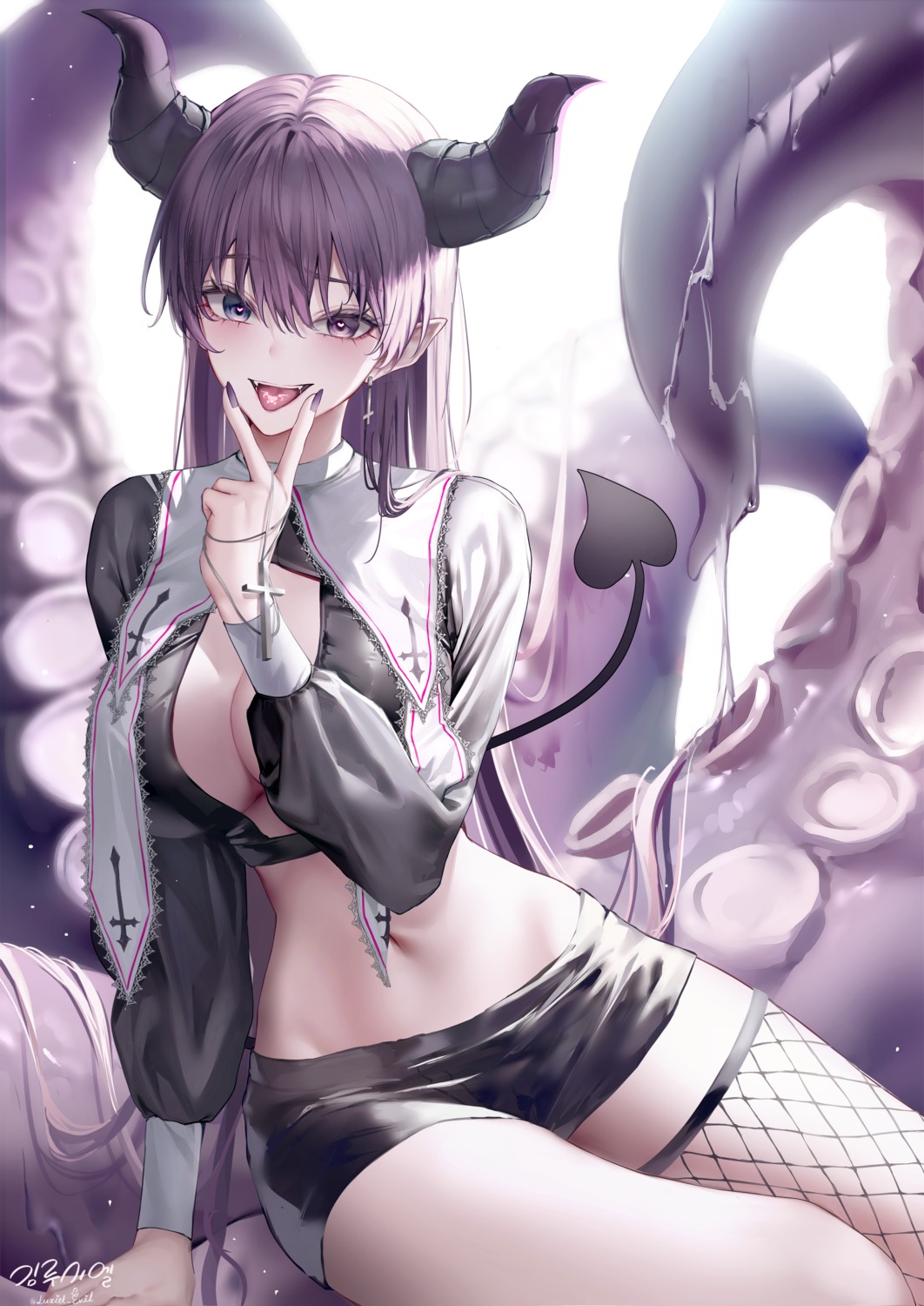 devil fishnets halloween heterochromia horns luxiel no_bra pointy_ears tail tentacles thighhighs