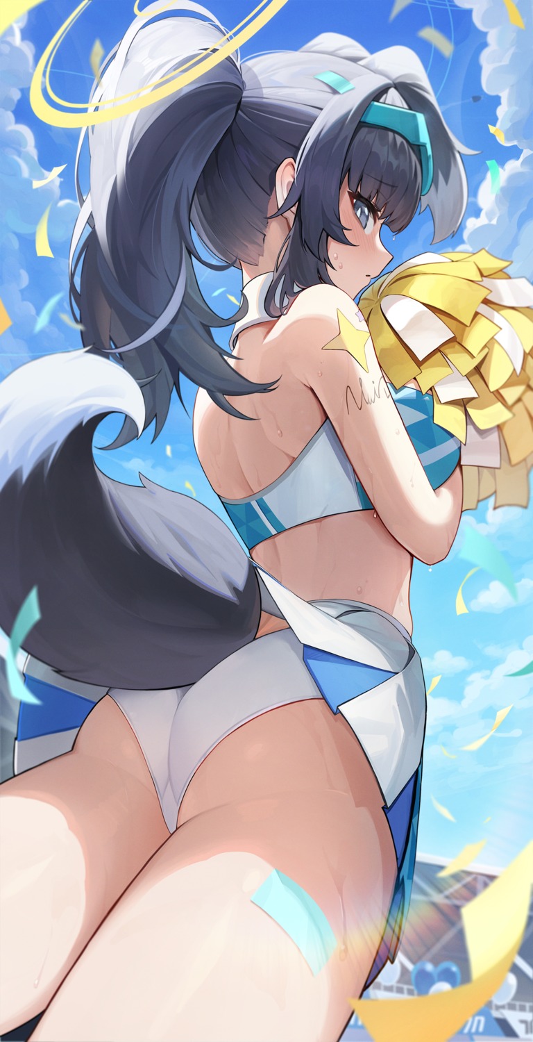 animal_ears ass blue_archive cheerleader halo hutosutoro inumimi nekozuka_hibiki pantsu skirt_lift tail tattoo thong