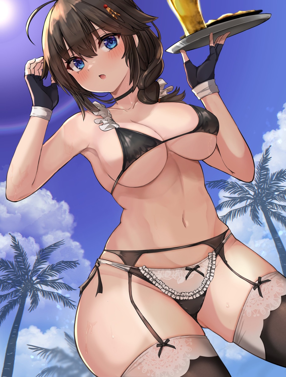 bikini garter_belt kantai_collection kihou_no_gotoku_dmc maid shigure_(kancolle) stockings swimsuits thighhighs waitress