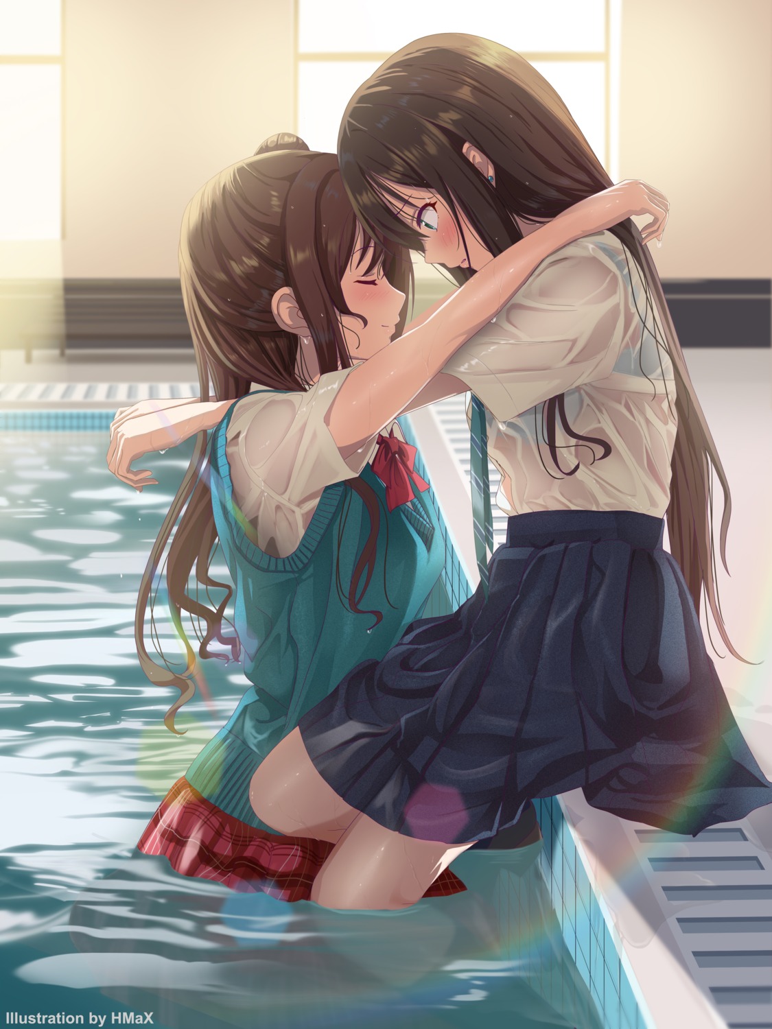 bra hmax see_through seifuku shibuya_rin shimamura_uzuki sweater the_idolm@ster the_idolm@ster_cinderella_girls wet wet_clothes yuri