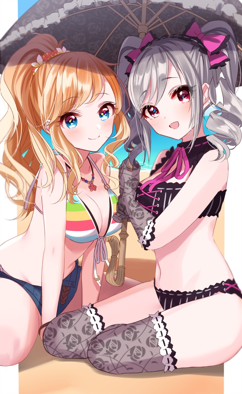 bikini cleavage kanzaki_ranko misumi ootsuki_yui swimsuits the_idolm@ster the_idolm@ster_cinderella_girls thighhighs umbrella