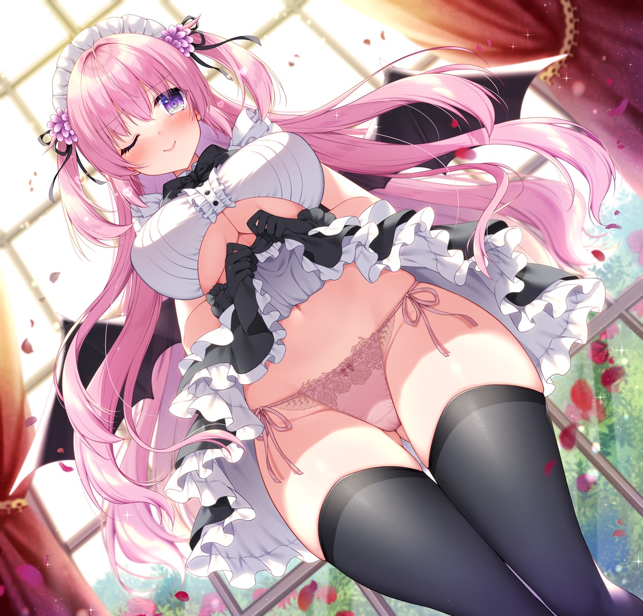 devil maid no_bra pantsu ringo_sui skirt_lift string_panties thighhighs wings