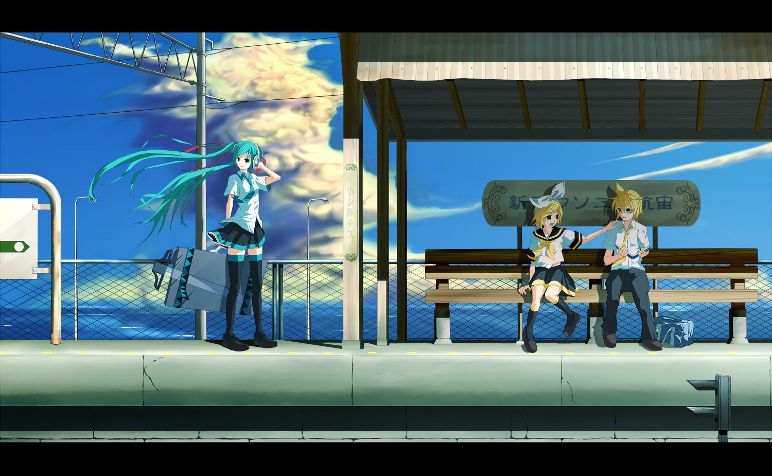 eto hatsune_miku headphones kagamine_len kagamine_rin landscape thighhighs vocaloid