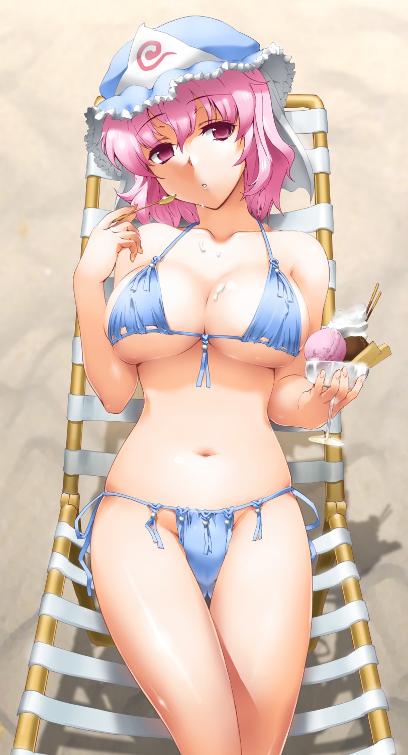 bikini byeontae_jagga cleavage cream erect_nipples jpeg_artifacts saigyouji_yuyuko swimsuits touhou underboob