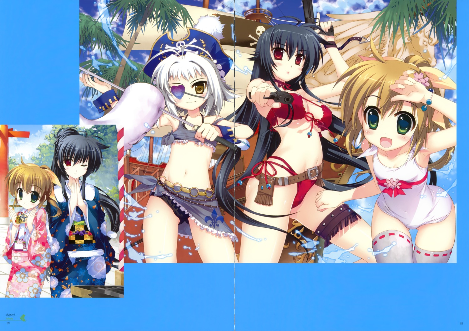 bikini cleavage crease eyepatch fixme fujima_takuya garter gun kimono school_swimsuit swimsuits sword thighhighs