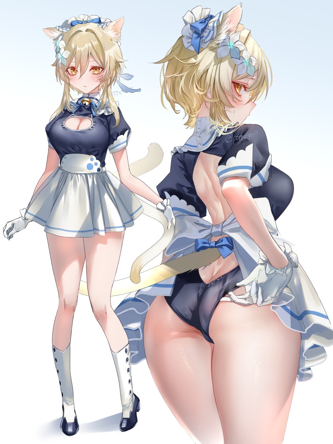 animal_ears ass cleavage genshin_impact heels lumine maid nekomimi no_bra pantsu pottsness skirt_lift tail thong