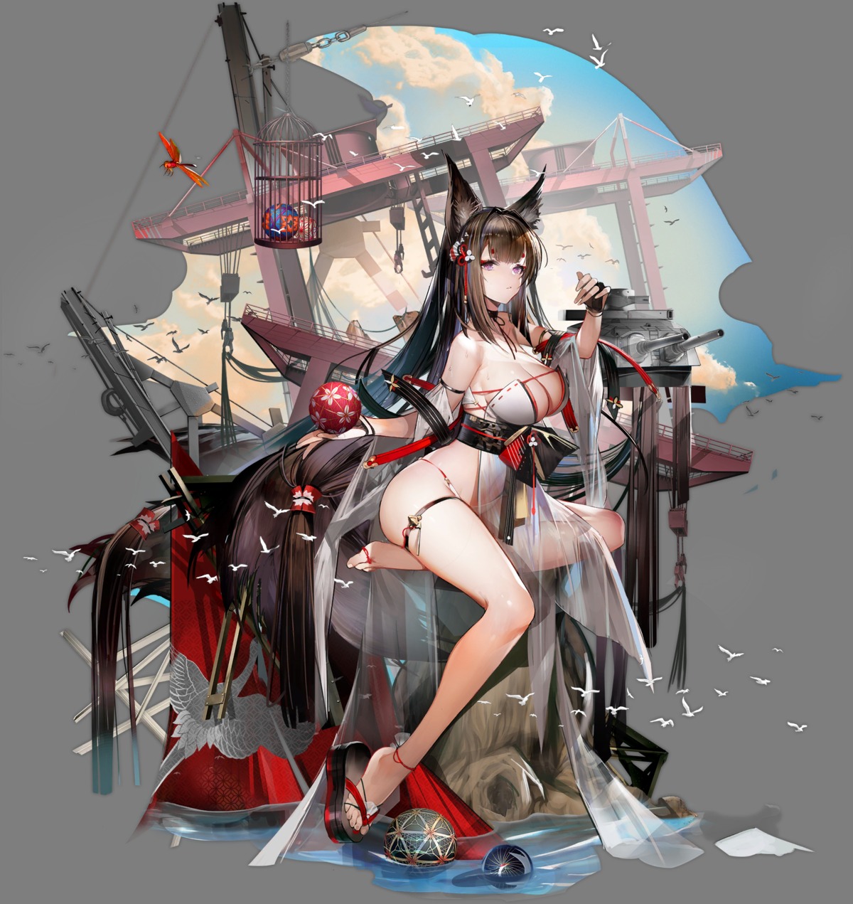 amagi_(azur_lane) animal_ears azur_lane garter japanese_clothes kitsune liduke no_bra pantsu see_through tail transparent_png