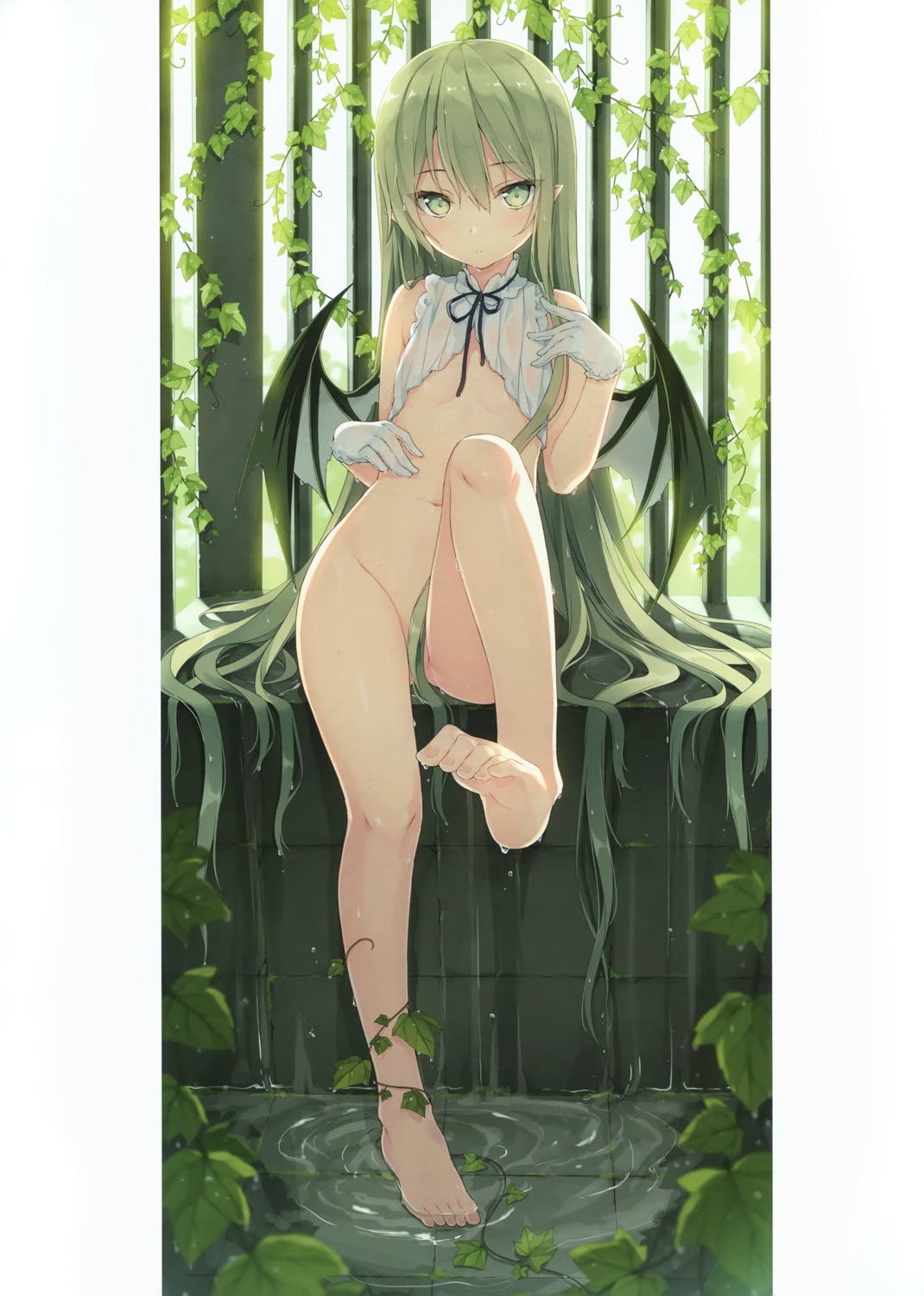 bottomless feet no_bra open_shirt pointy_ears rurudo rurudot see_through wings