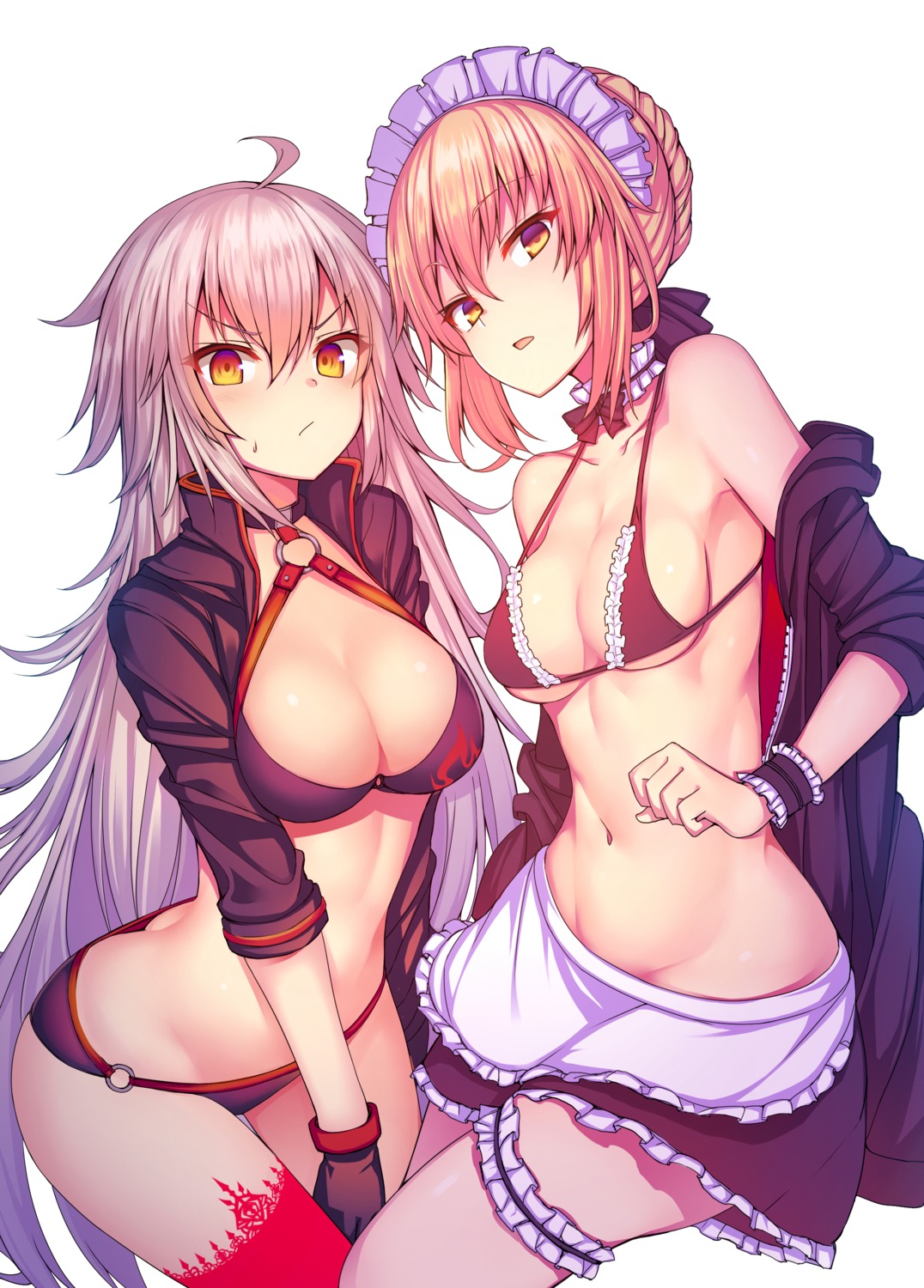 bikini cleavage fate/grand_order garter jeanne_d'arc jeanne_d'arc_(alter)_(fate) maid open_shirt saber saber_alter suteba_(grzjkbhgf) swimsuits thighhighs