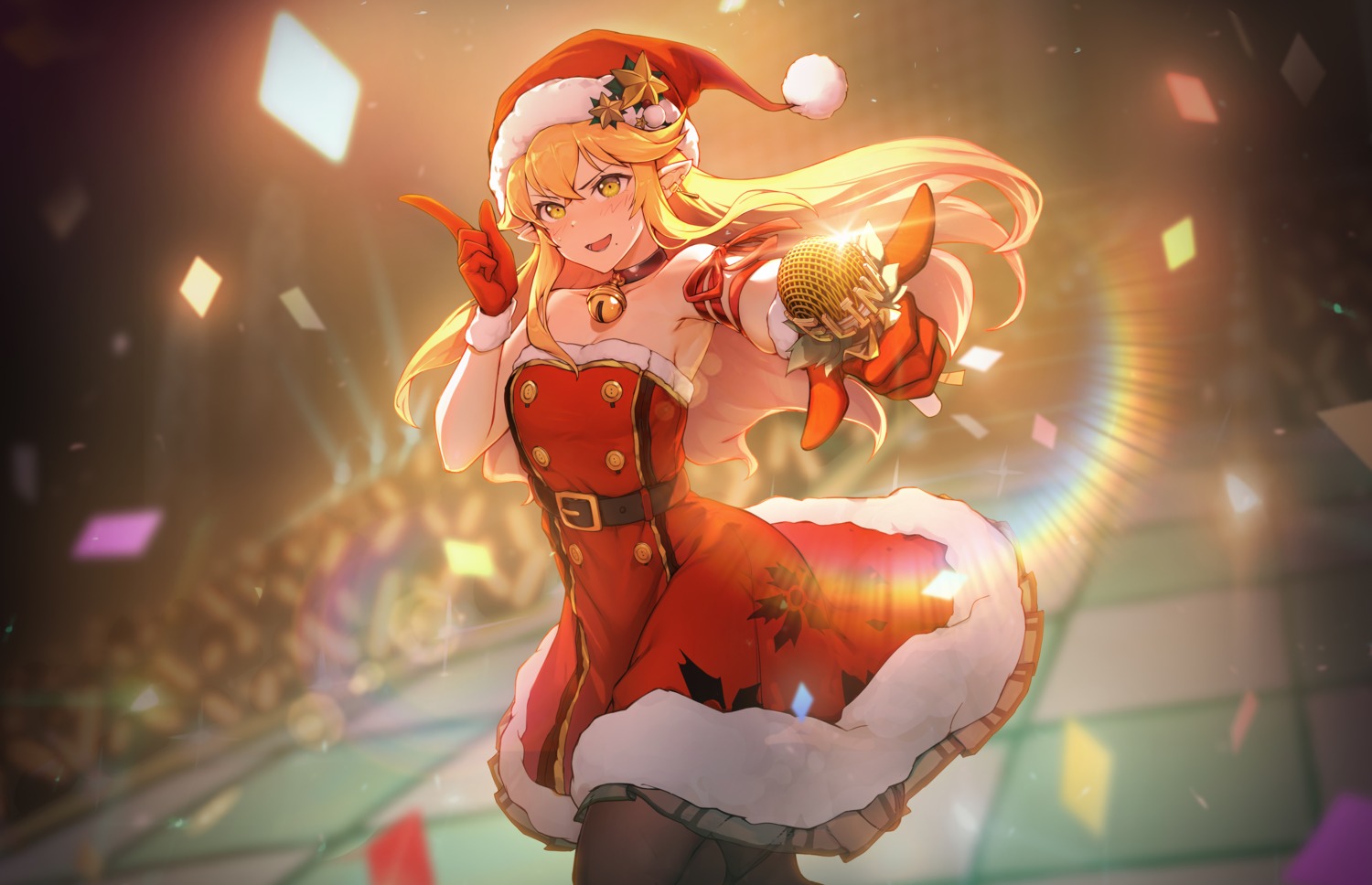 christmas cleavage dress peachpa pointy_ears skirt_lift