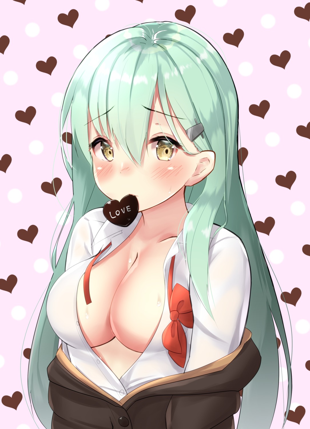 cleavage kantai_collection nari_(narikashi) no_bra open_shirt seifuku suzuya_(kancolle) valentine