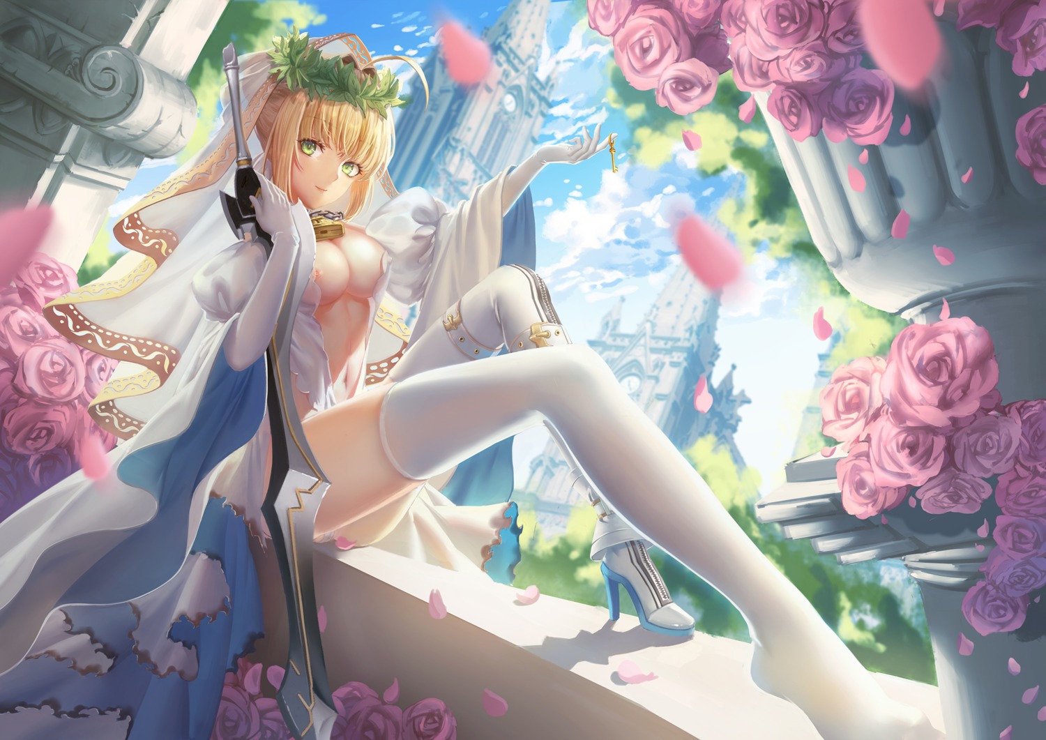 dress erect_nipples fate/extra fate/extra_ccc fate/stay_night heels maomaozi nipple_slip nipples no_bra pantsu saber_bride saber_extra sword thighhighs