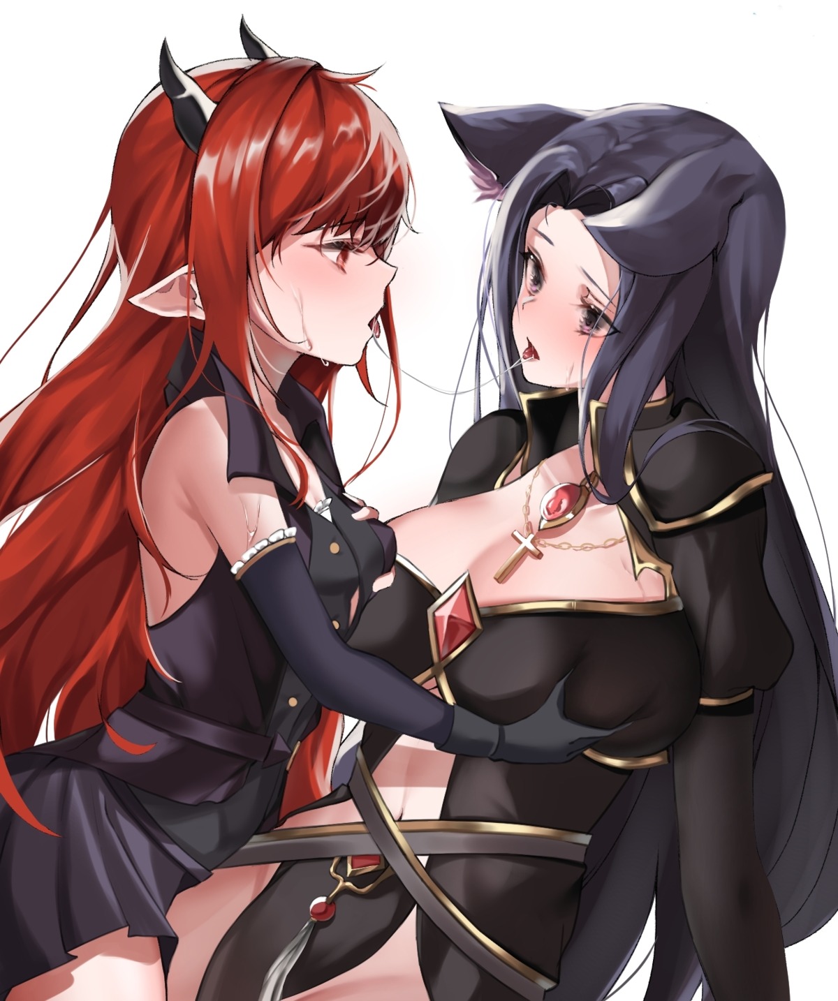 animal_ears breast_grab horns pengrani pointy_ears yuri