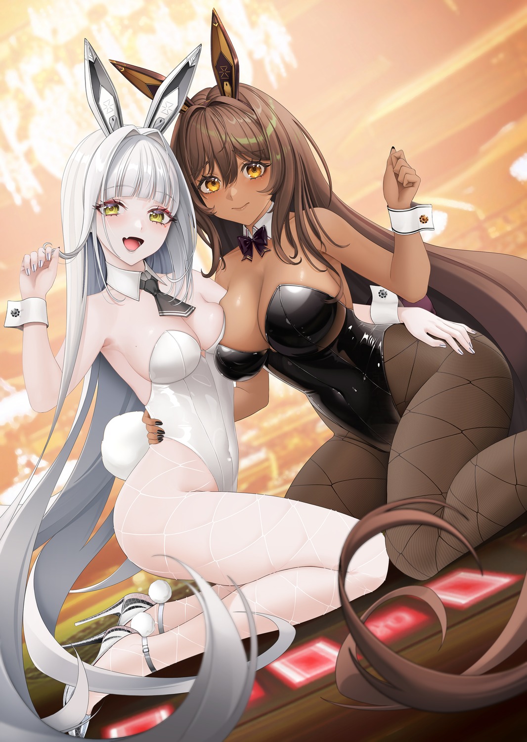 akais animal_ears blanc_(nikke) bunny_ears bunny_girl fishnets goddess_of_victory:_nikke heels no_bra noir_(nikke) pantyhose symmetrical_docking tail