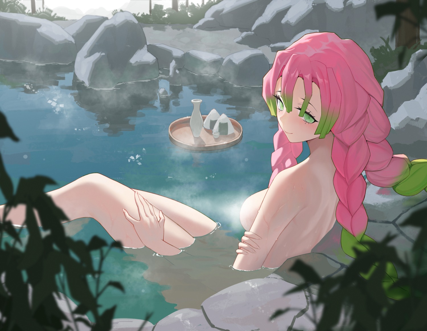 bathing fangfangtu kanroji_mitsuri kimetsu_no_yaiba naked onsen wet