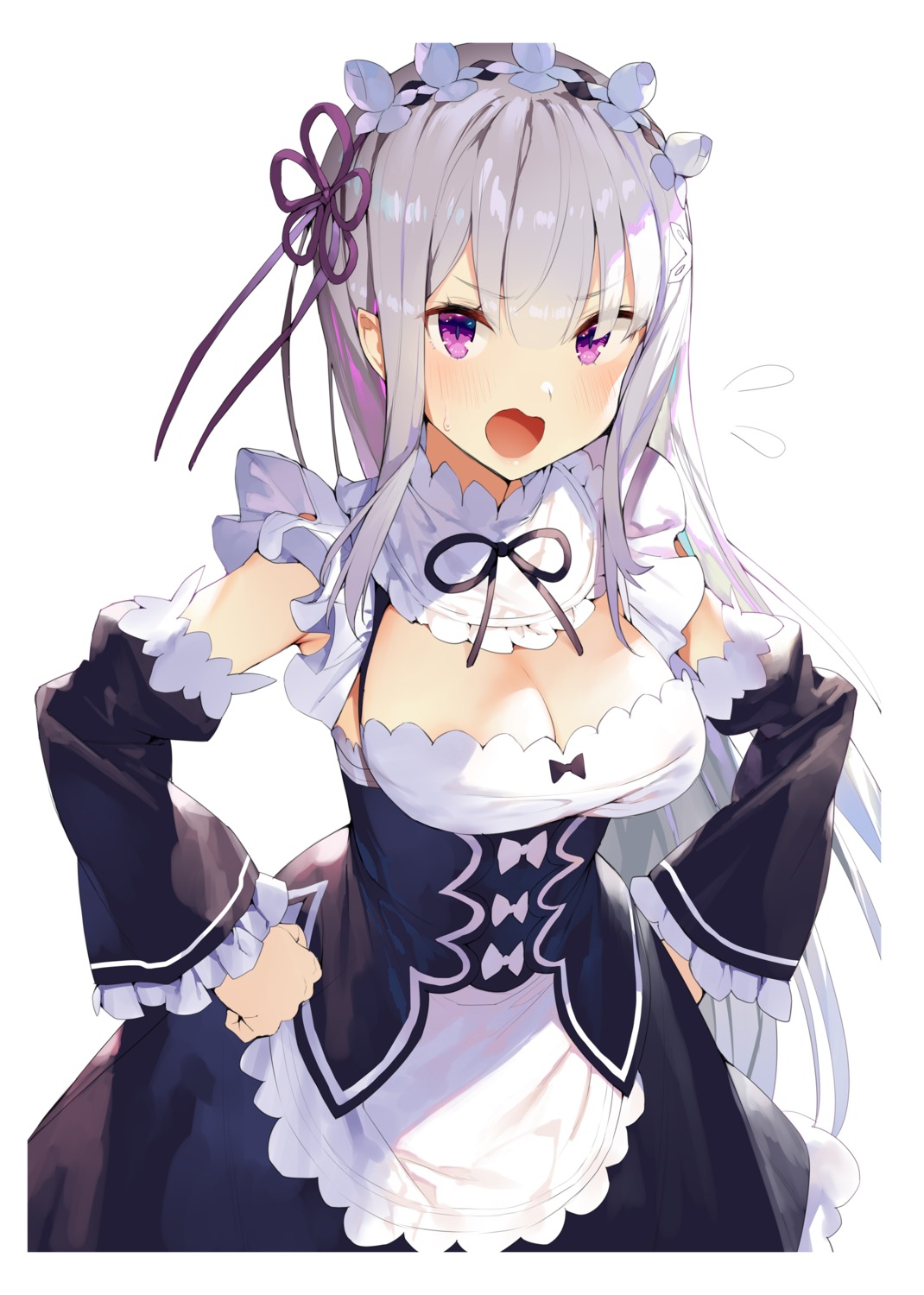 cleavage cosplay elf emilia_(re_zero) gaou_(matsulatte) macaron_taitei maid pointy_ears re_zero_kara_hajimeru_isekai_seikatsu