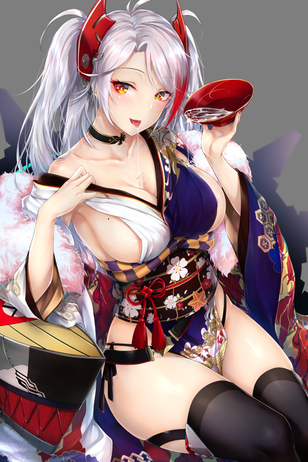 azur_lane japanese_clothes no_bra pantsu prinz_eugen_(azur_lane) rei_kun sake string_panties thighhighs transparent_png wet