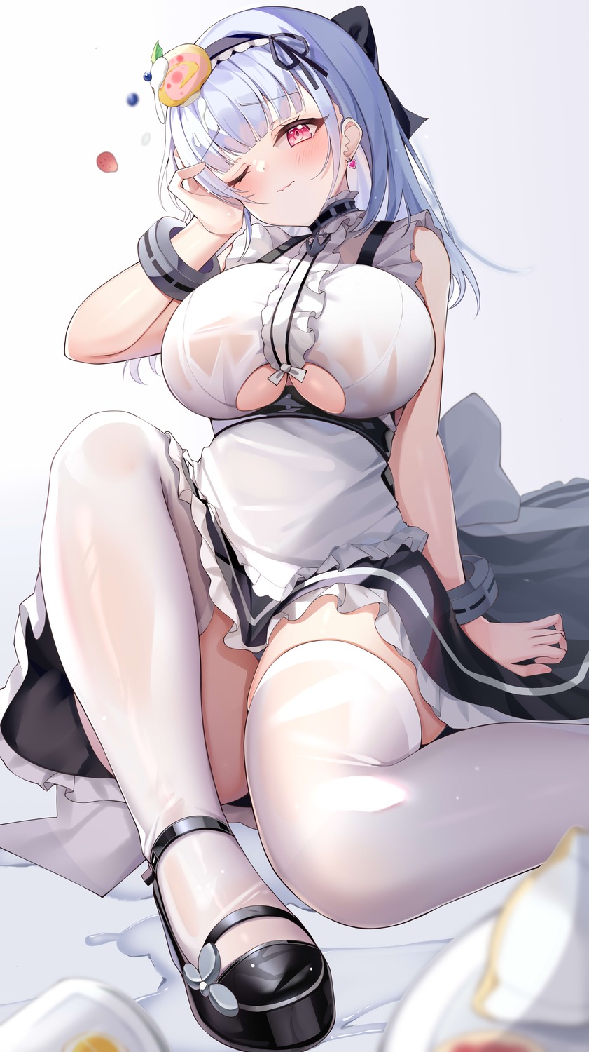 arlene_(ju) azur_lane dido_(azur_lane) maid no_bra see_through skirt_lift thighhighs wet_clothes