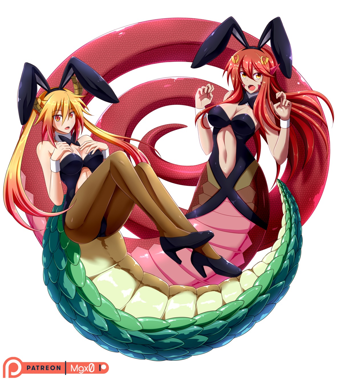 animal_ears breast_hold bunny_ears bunny_girl crossover heels horns kobayashi-san_chi_no_maidragon mgx0 miia_(monster_musume) monster_girl monster_musume_no_iru_nichijou pantyhose pointy_ears tail tooru_(maidragon)