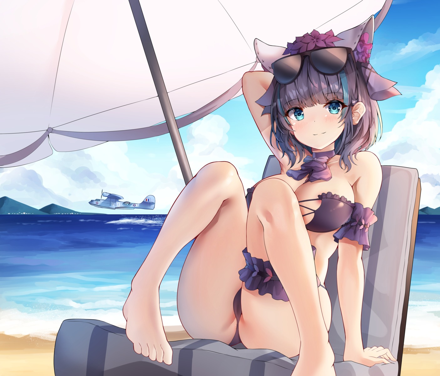 azur_lane bikini cameltoe cheshire_(azur_lane) feet garter megane sob_(submar1089) swimsuits thong