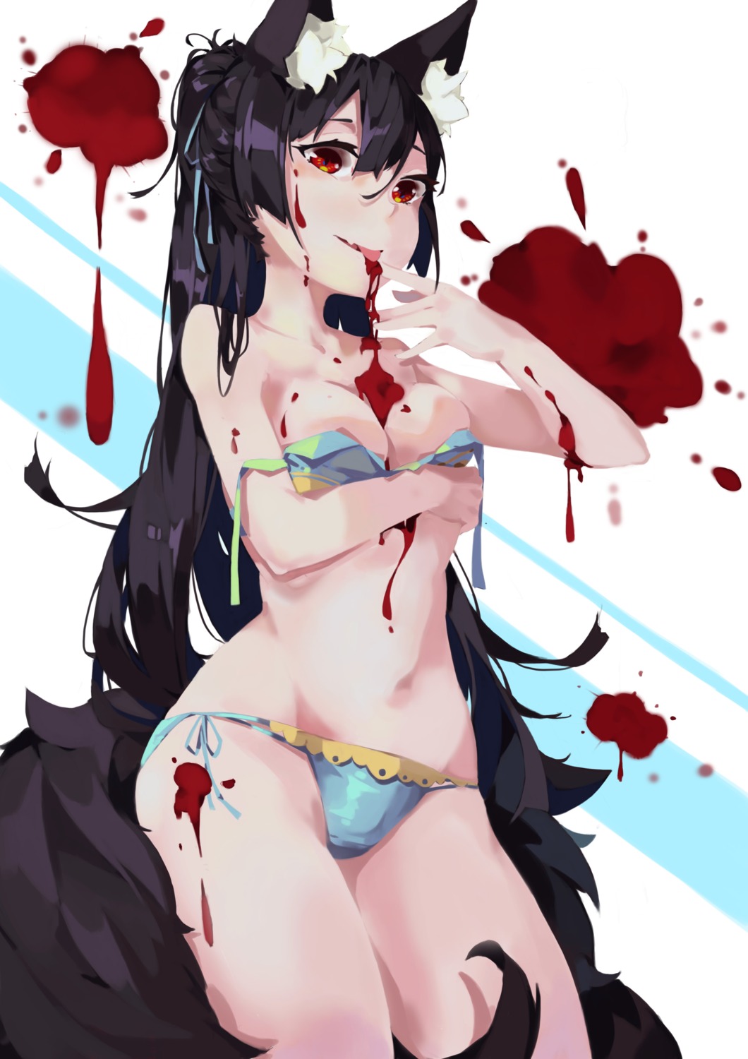 animal_ears bikini blood breast_hold kitsune mozhi swimsuits tail wardrobe_malfunction