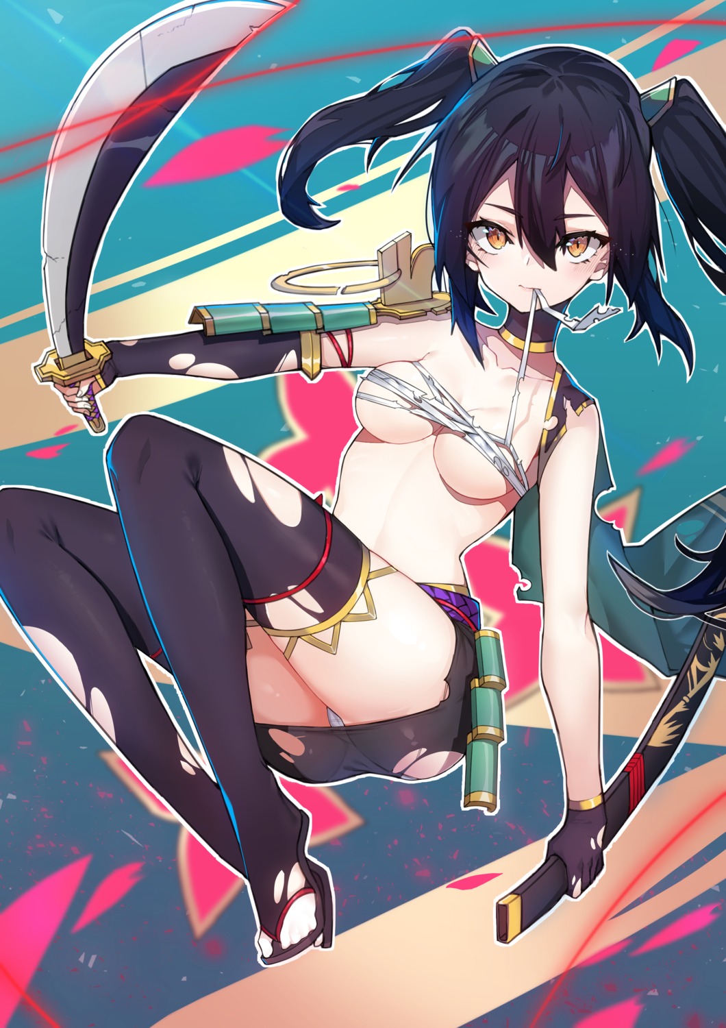 armor pantsu sarashi see_through shenwuyue sword thighhighs torn_clothes wulazula