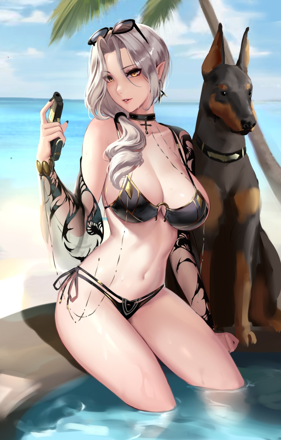 bikini carmilla_(fate/grand_order) cianyo fate/grand_order gun megane pointy_ears swimsuits wet