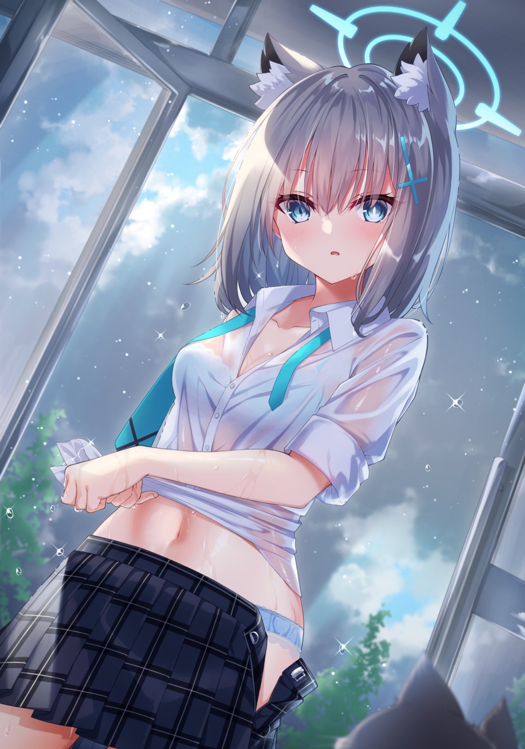 animal_ears artist_revision blue_archive bra fukemachi halo nekomimi pantsu see_through seifuku sunaookami_shiroko wet wet_clothes