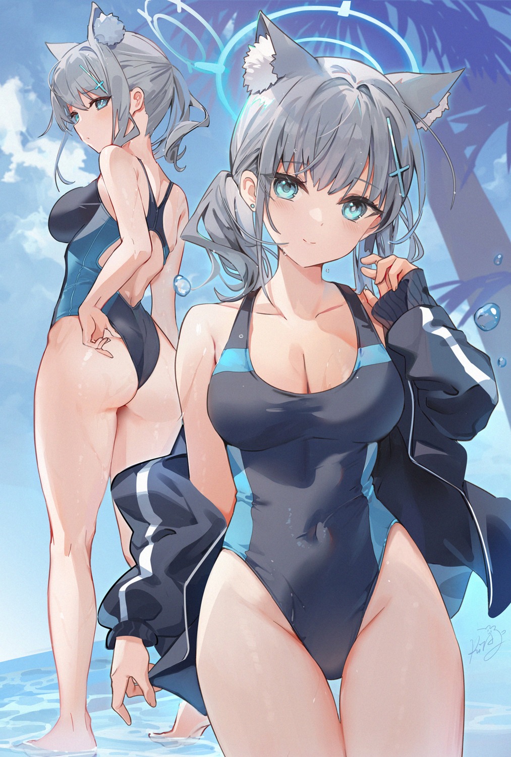 animal_ears ass blue_archive halo kita_(kitairoha) nekomimi sunaookami_shiroko swimsuits wet