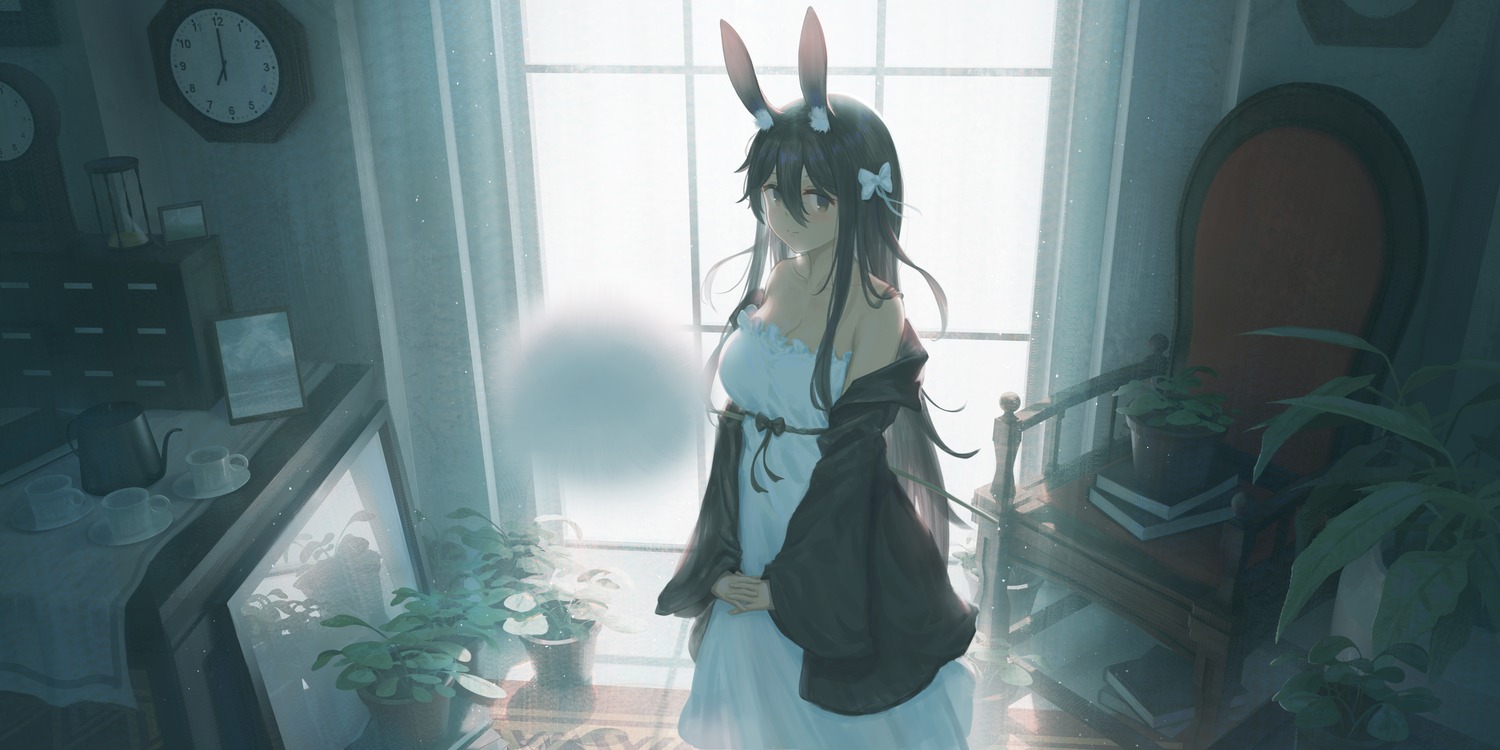 animal_ears bunny_ears cleavage dress no_bra summer_dress yao_ren_gui