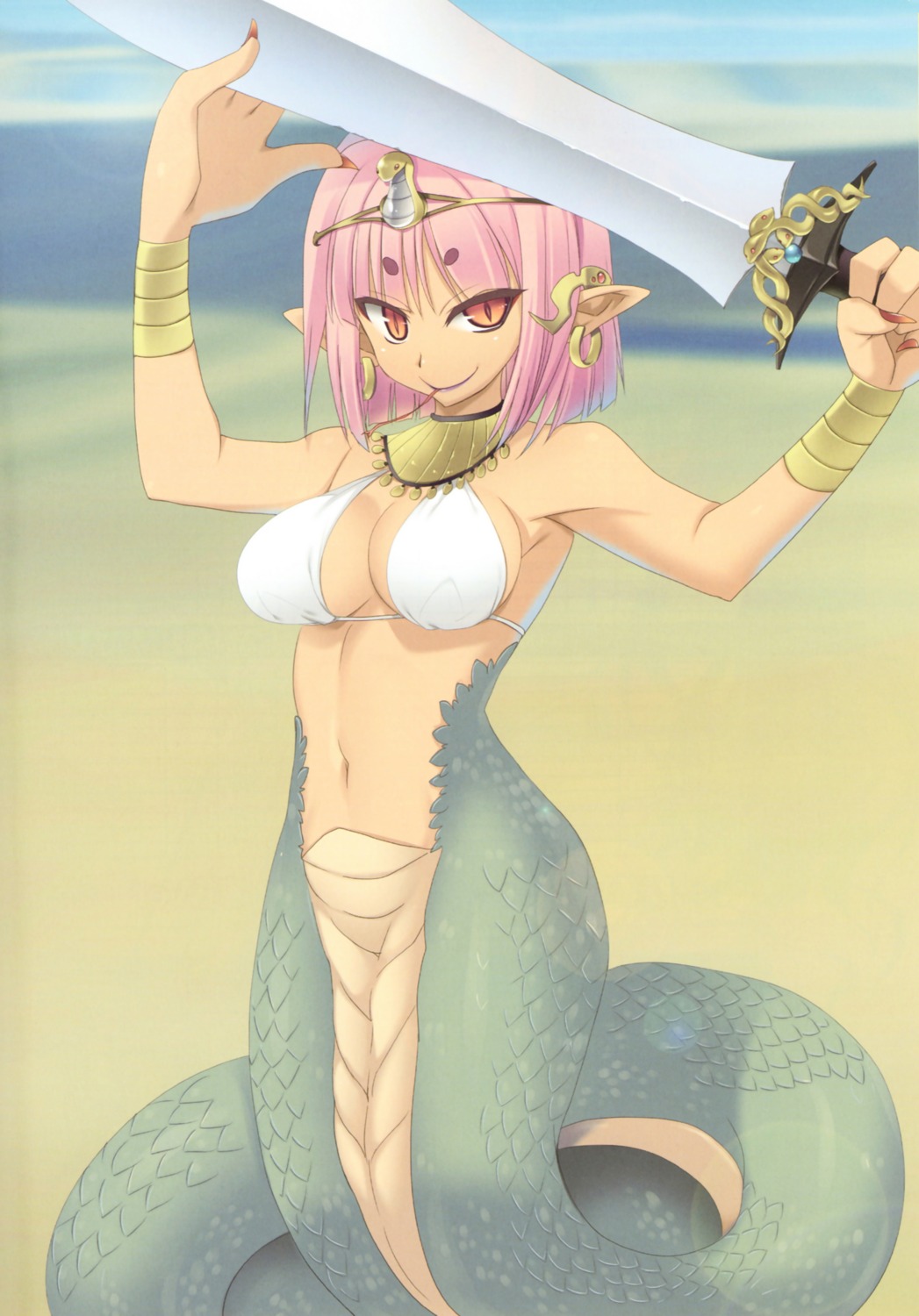 bikini_top cleavage genkai_tokki_monster_monpiece monster_girl pointy_ears swimsuits sword tajima_yoshikazu