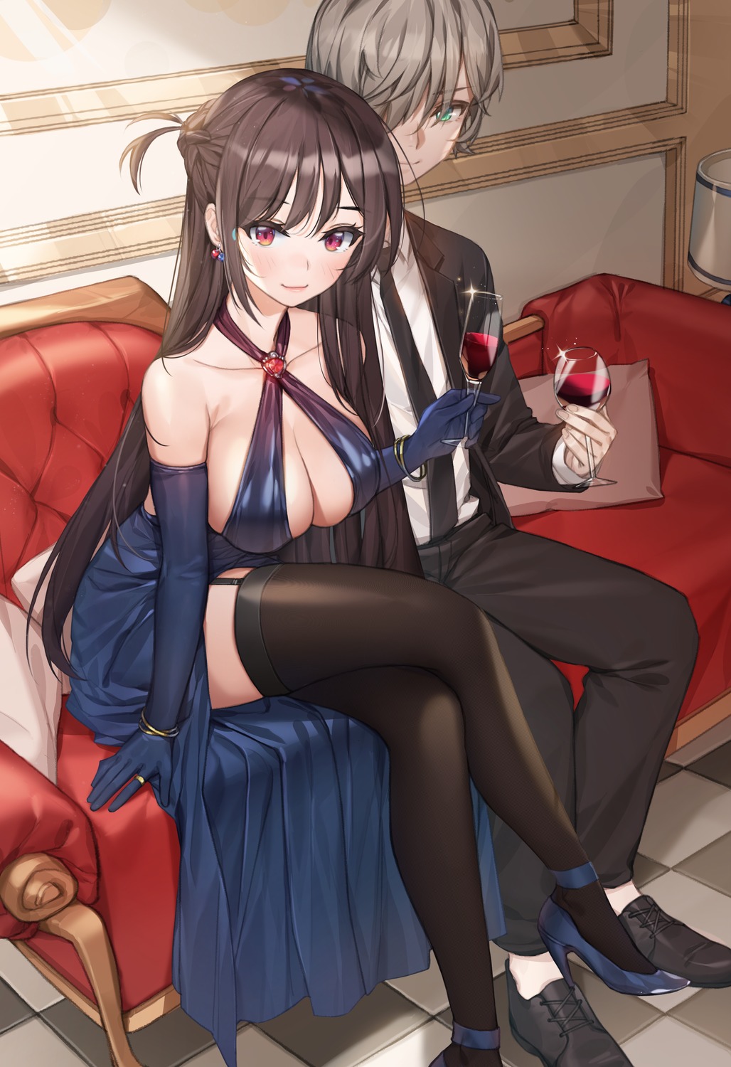 business_suit cleavage dress heels ichinose_chizuru kanojo_okarishimasu no_bra piyo_(pixiv_2308057) skirt_lift stockings thighhighs