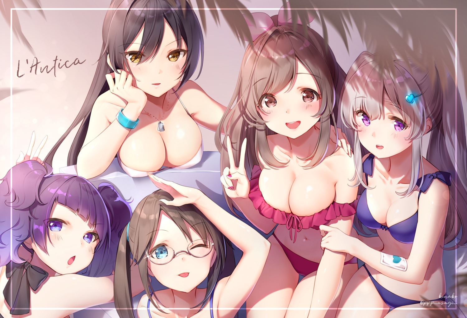 bikini cleavage kinako_(shiratama_mochi) megane mitsumine_yuika shirase_sakuya swimsuits tanaka_mamimi the_idolm@ster the_idolm@ster_shiny_colors tsukioka_kogane yuukoku_kiriko