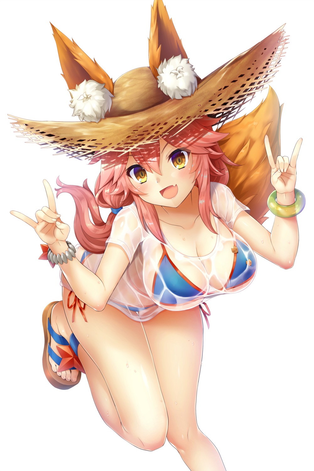 animal_ears bikini cleavage fate/grand_order samoore see_through swimsuits tail tamamo_no_mae wet_clothes